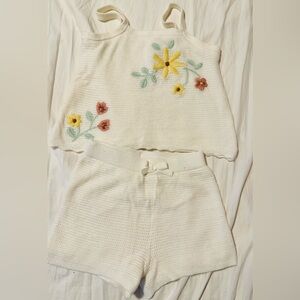 Matching set, ivory embroidered flowers, shorts with bow. Lined